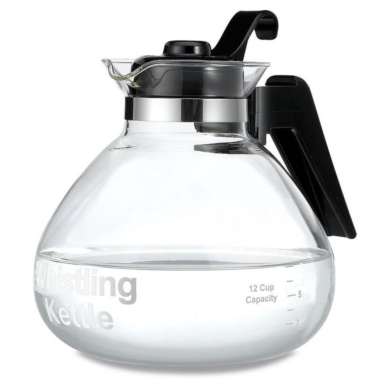 Clear Glass Whistling Tea Kettle, to Purely Brew Tea With No Metallic Taste  or Other Carafe Flavors, 12 Cup Capacity